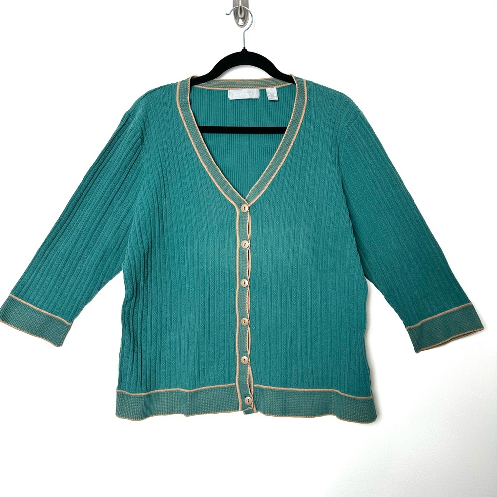 Liz Claiborne Preppy Old Money Ribbed Feminine Teal Button Down V-Neck Cardigan